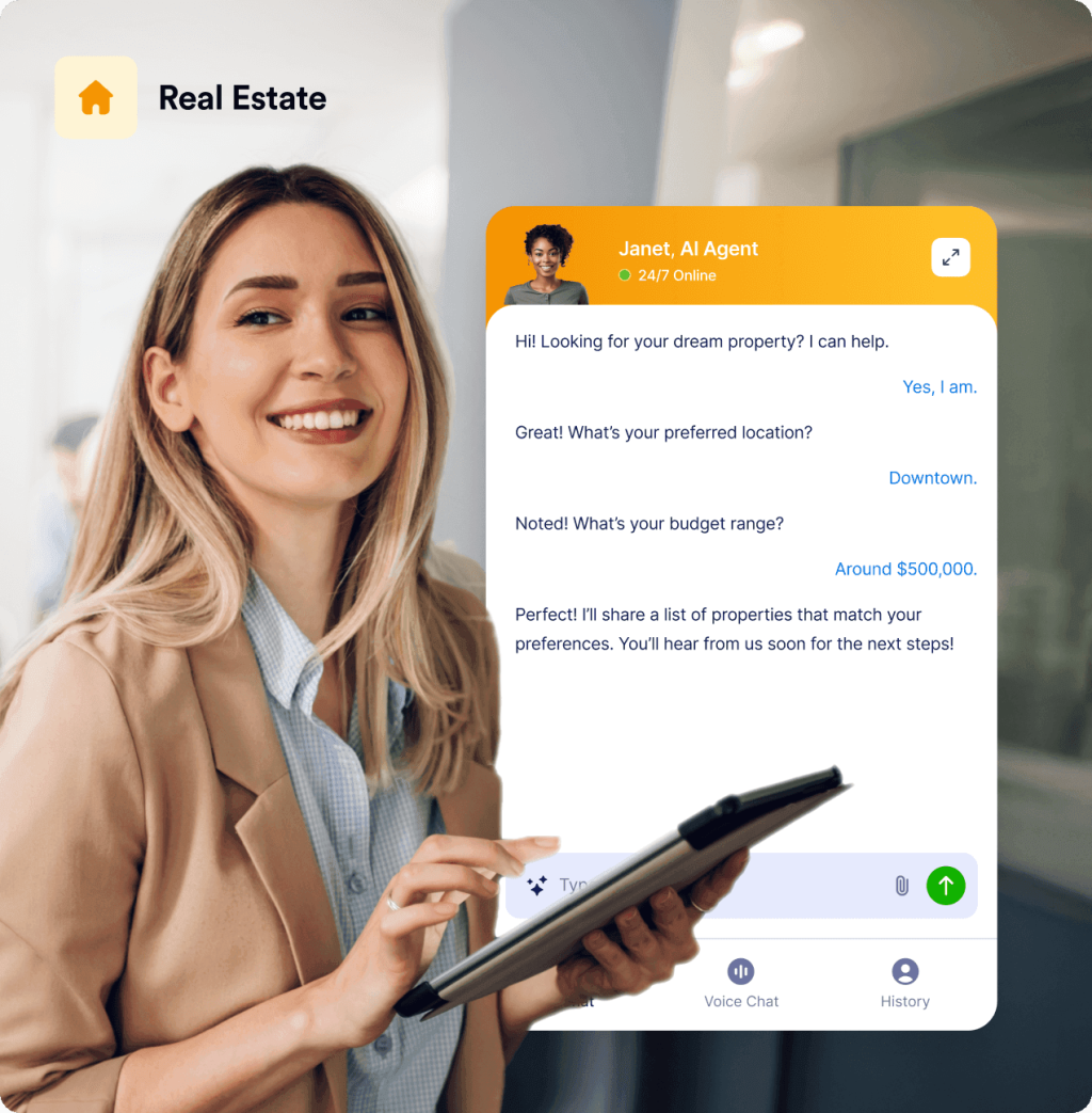 A person holds a tablet and next to her there is a chatbot screen shows conversation between customer and Janet, Real Estate AI Agent