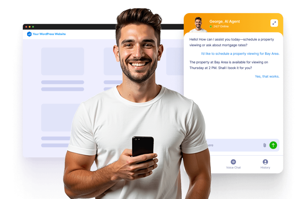 A man that holding a phone and wordpress website that has Jotform AI Chatbot