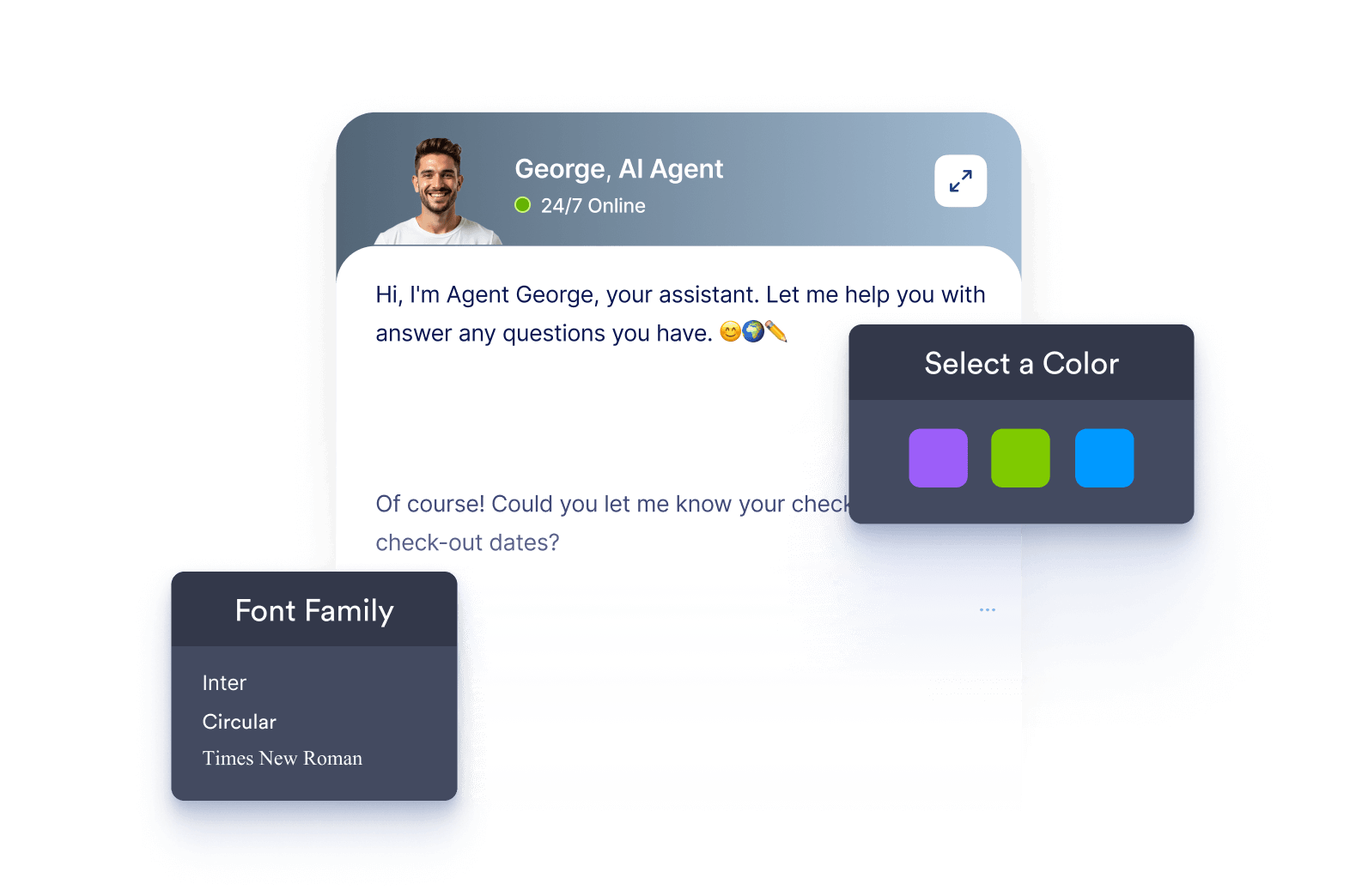 Chatbot screen that has customization options like font family and color