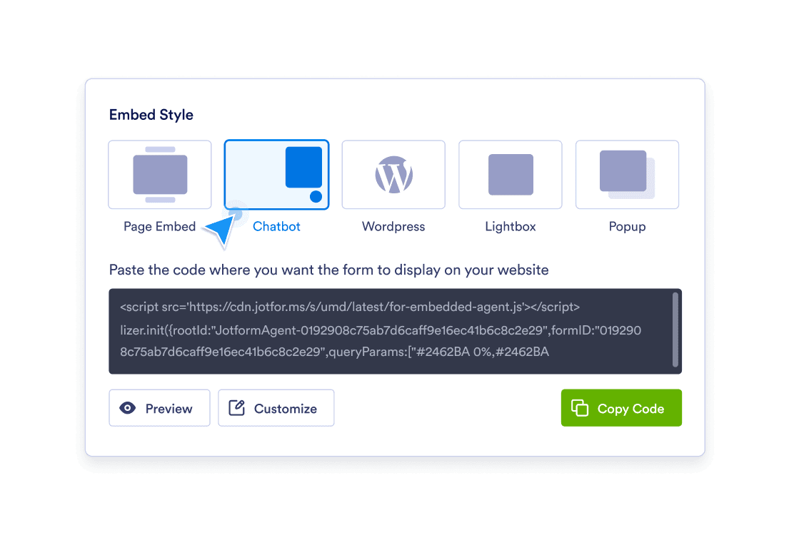 Embed options and embed code screen