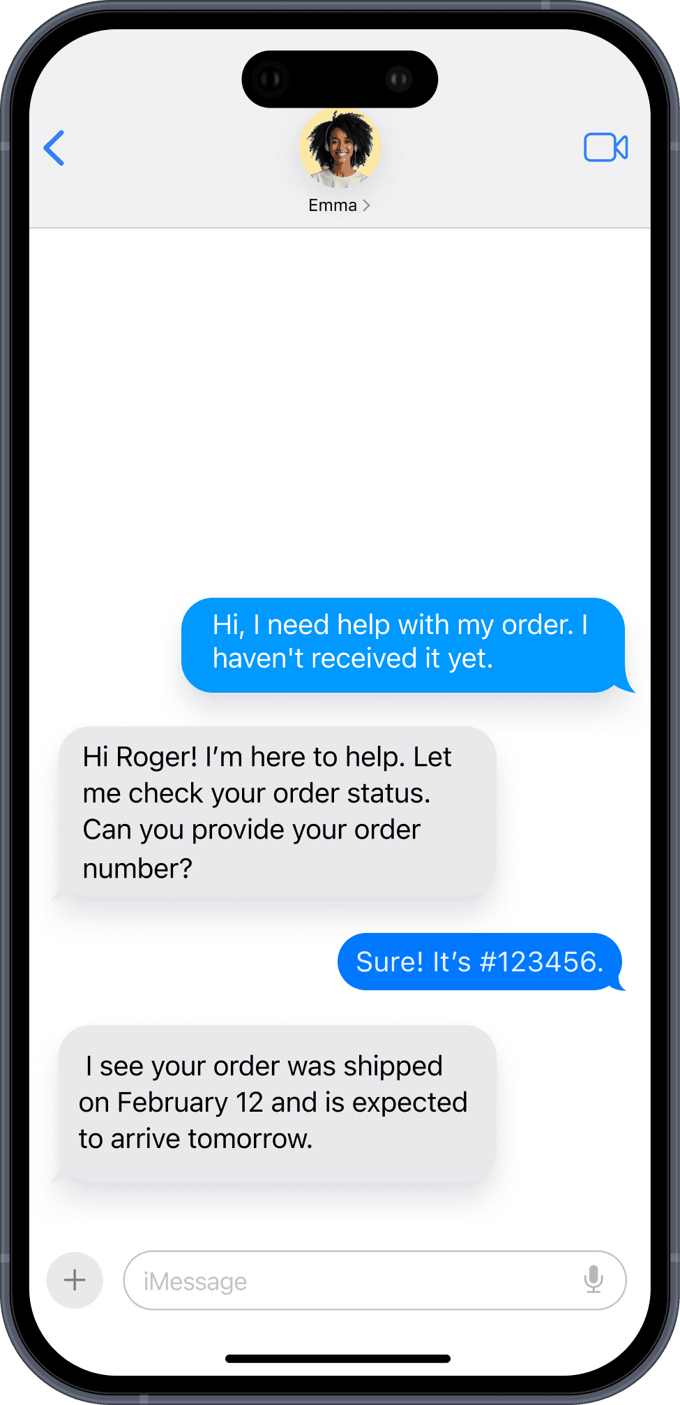 A phone screen shows conversation between AI agent and customer about order process