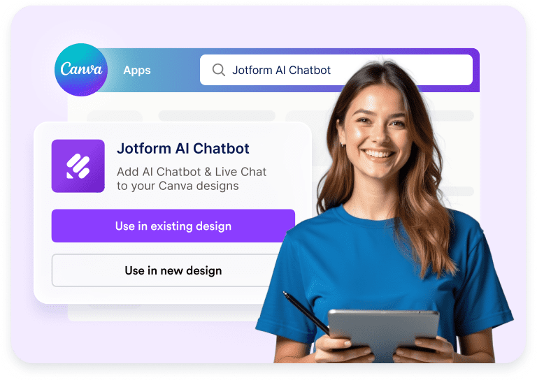 Jotform AI Chatbot selected in Canva Apps with use options