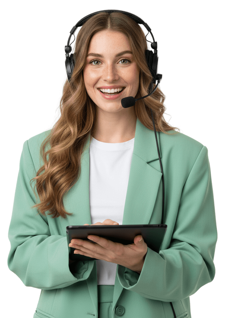 A woman wearing a headset smiles while holding a tablet and providing support.