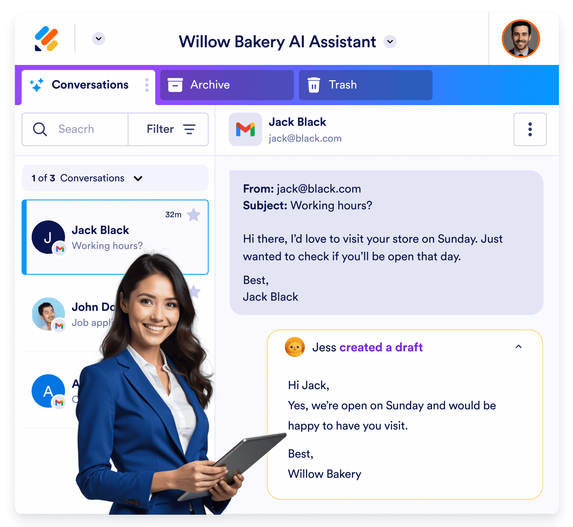 Woman holding a tablet next to an AI assistant interface drafting a reply to a customer email.