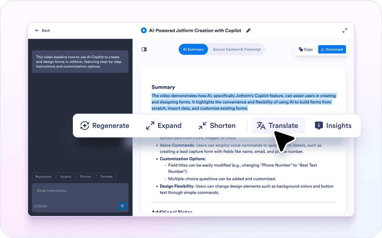 Rephrase or translate parts of the summary