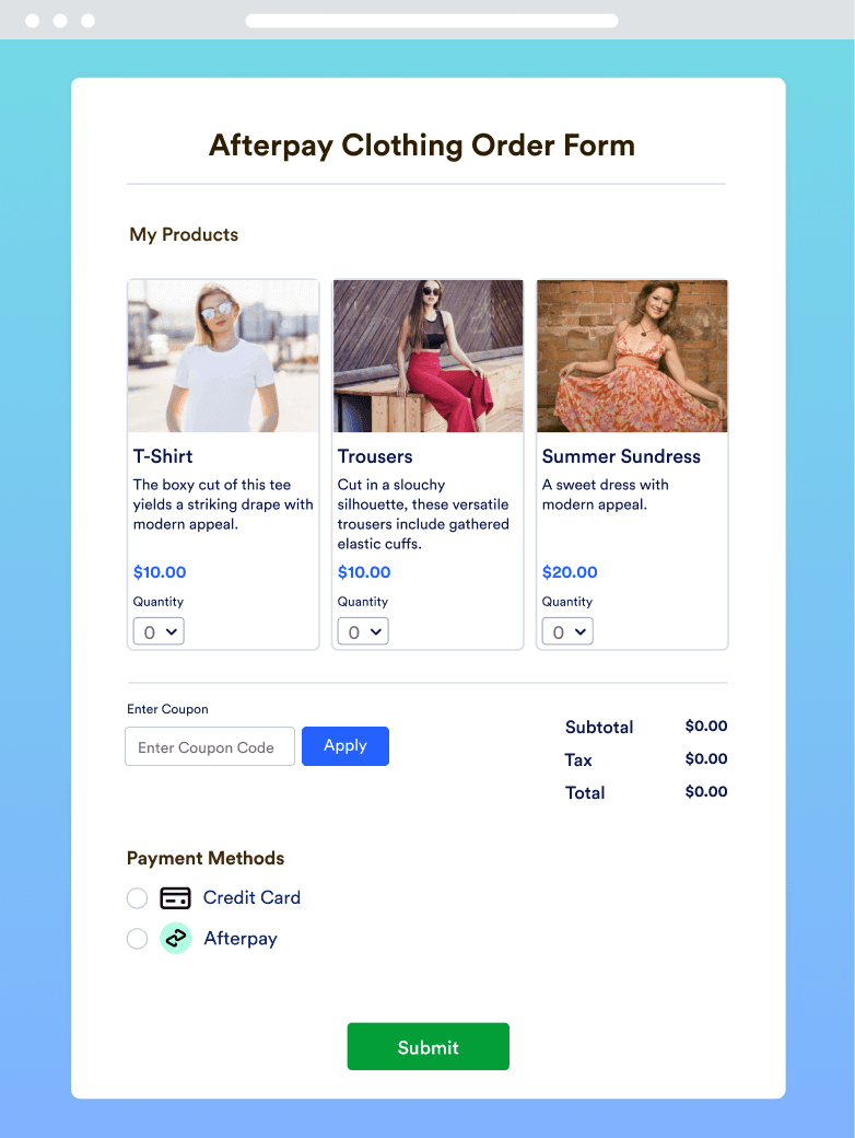 Afterpay Clothing Order Form