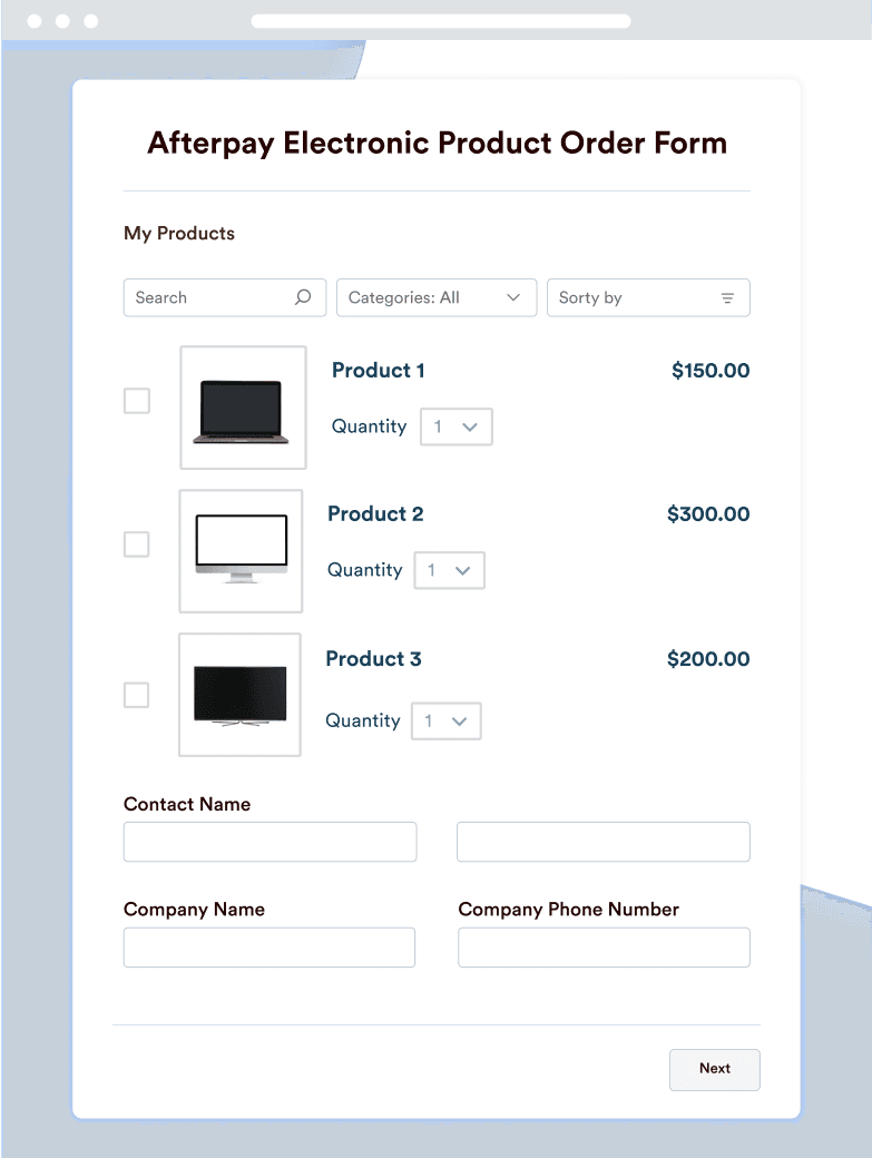 Afterpay Electronic Product Order Form