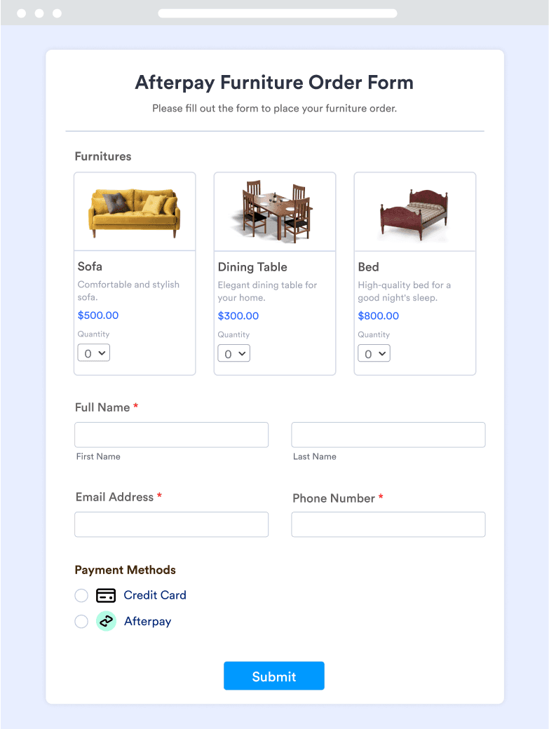Afterpay Furniture Order Form