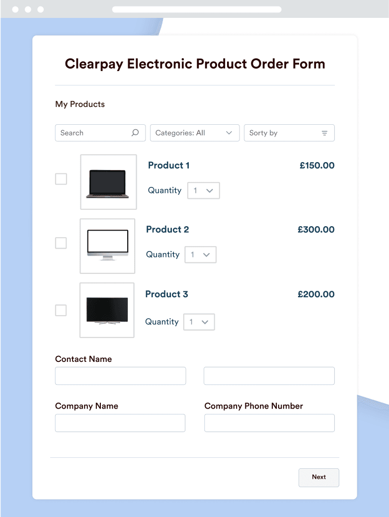 Clearpay Electronic Product Order Form