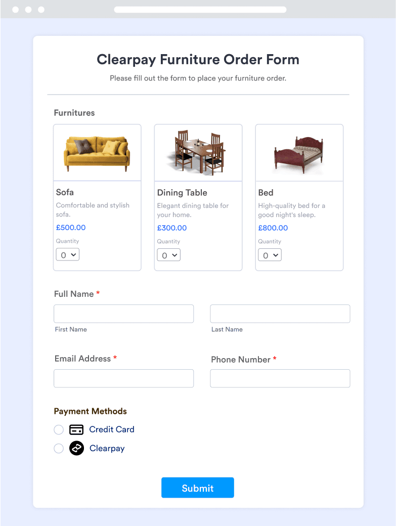 Clearpay Furniture Order Form