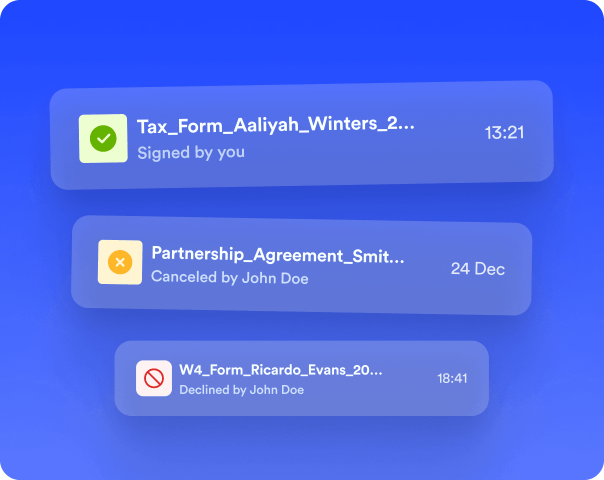 Jotform Sign document statuses: signed, canceled, and declined.