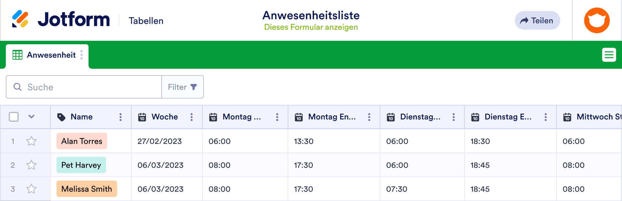 Anwesenheitsliste Tabellenvorlage