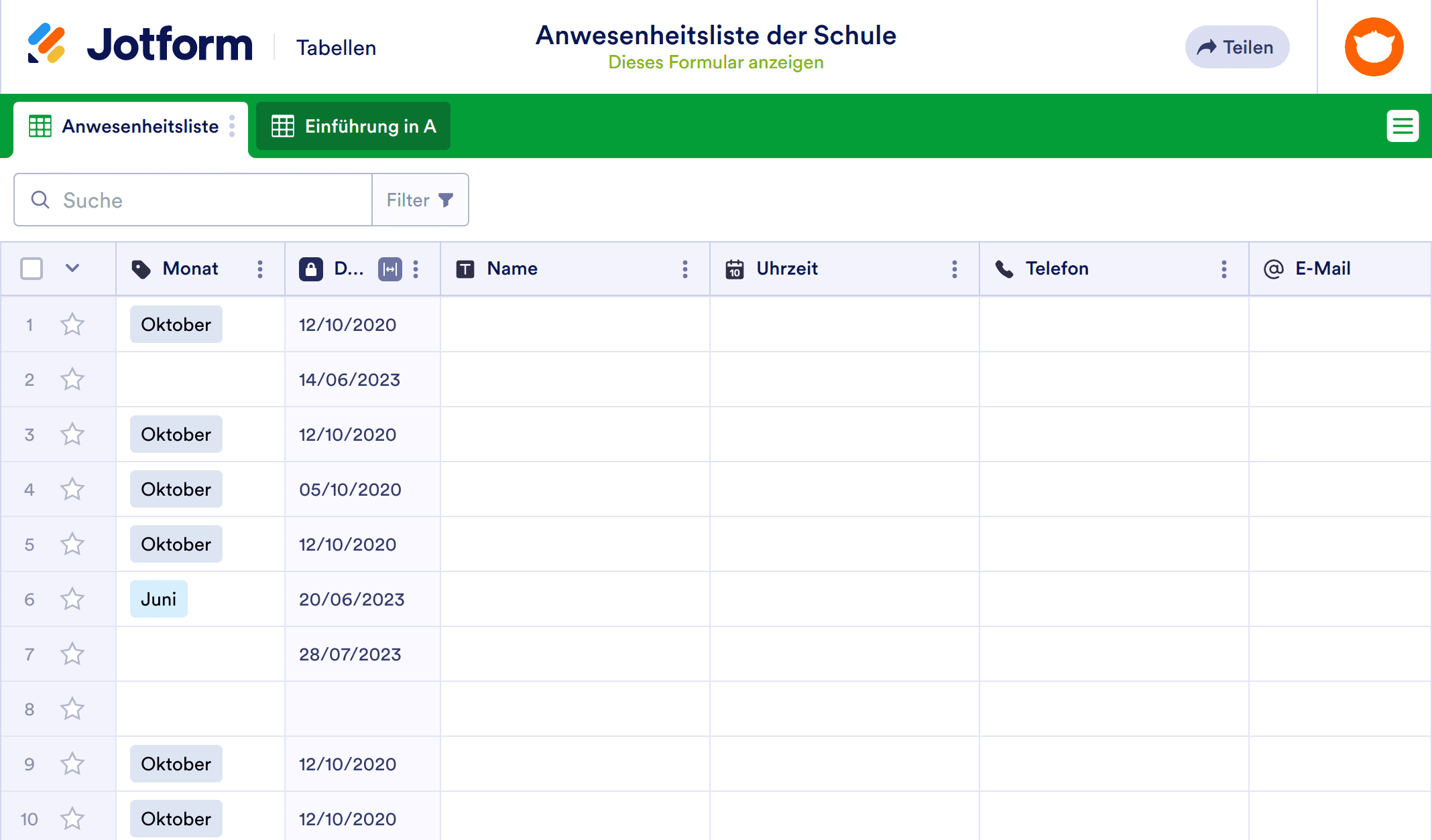 Anwesenheitsliste der Schule Tabellenvorlage