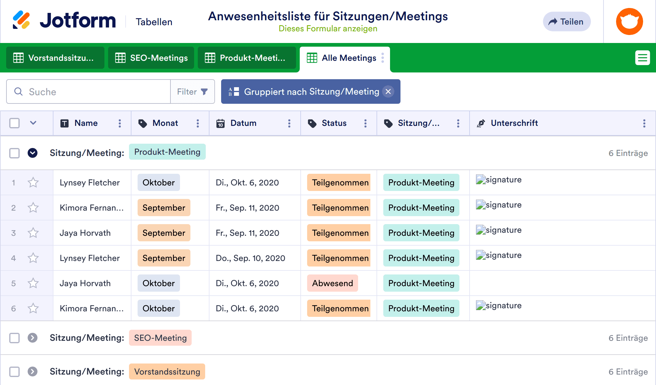 Anwesenheitsliste für Sitzungen/Meetings Tabellenvorlage