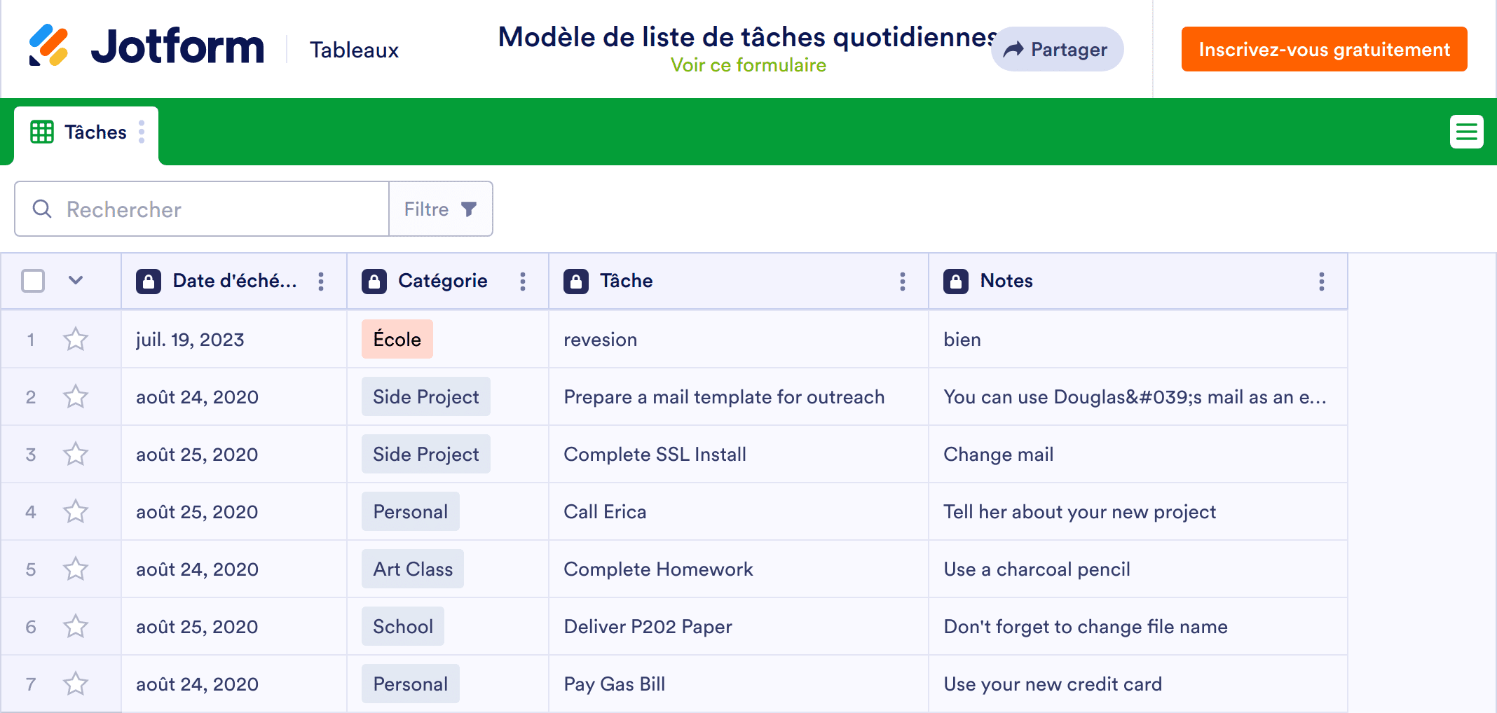 Formulaire de saisie de la liste des tâches quotidiennes Modèle de feuille de calcul