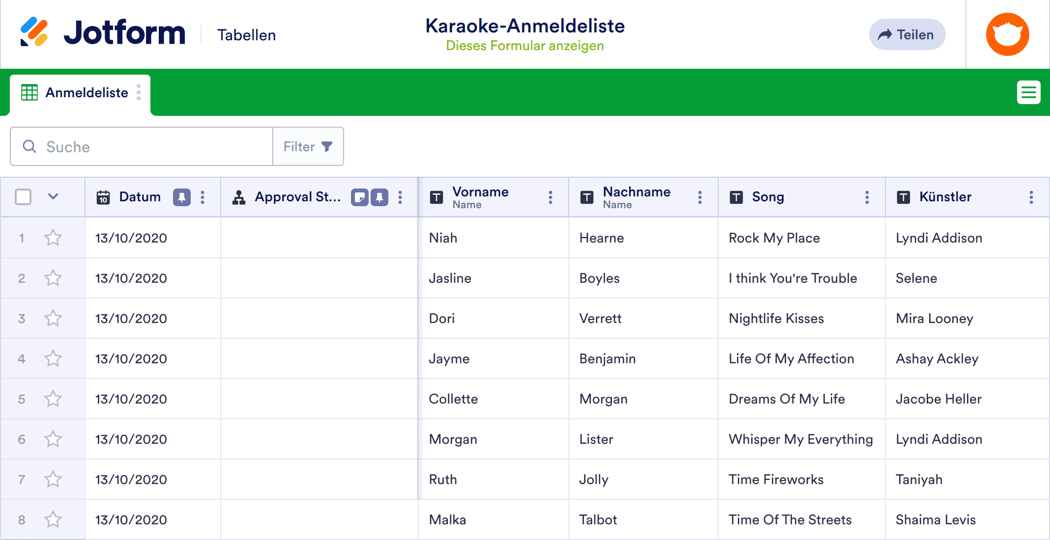 Karaoke-Anmeldeliste Tabellenvorlage