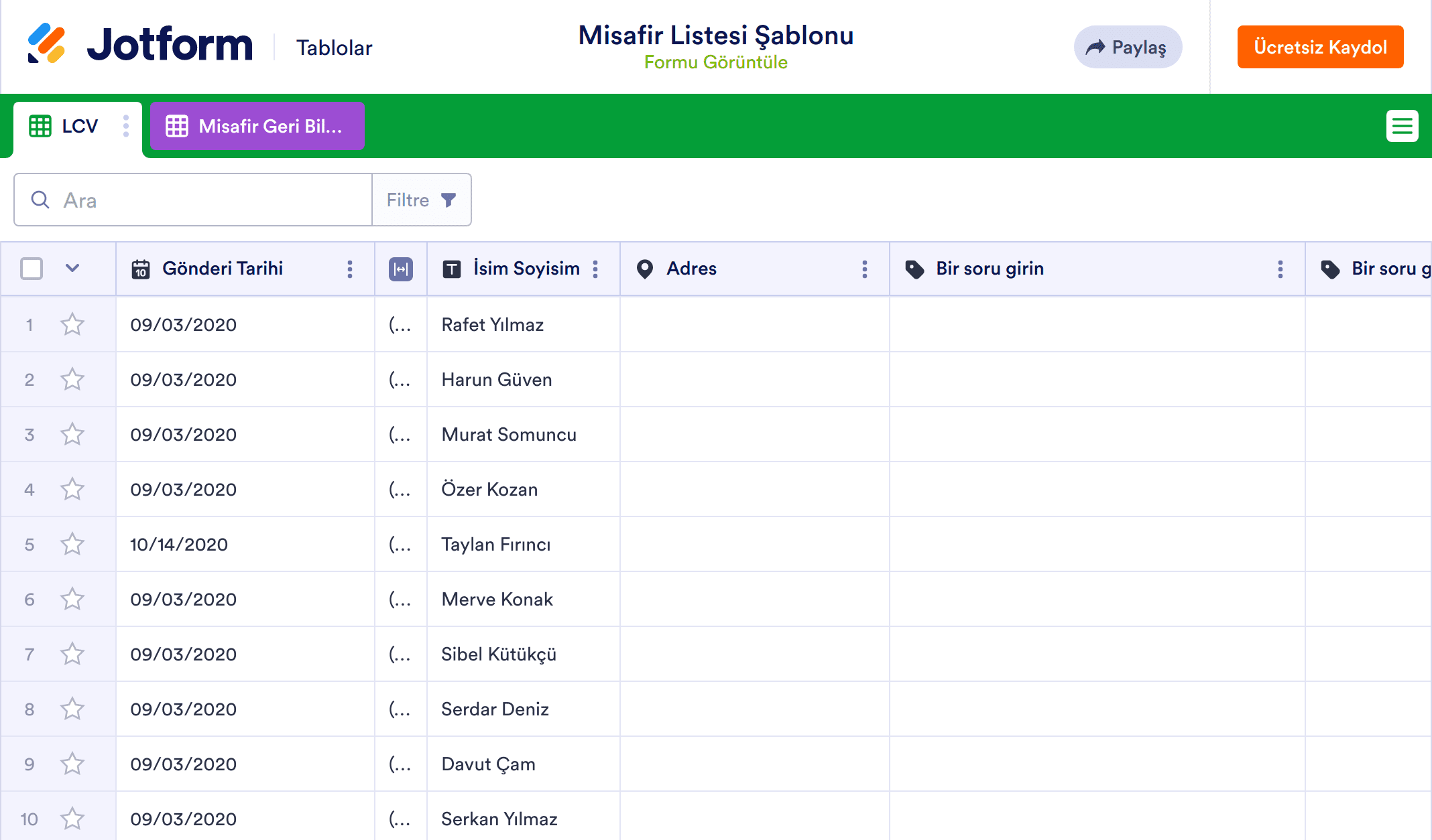 Misafir Listesi Tablo Şablonu