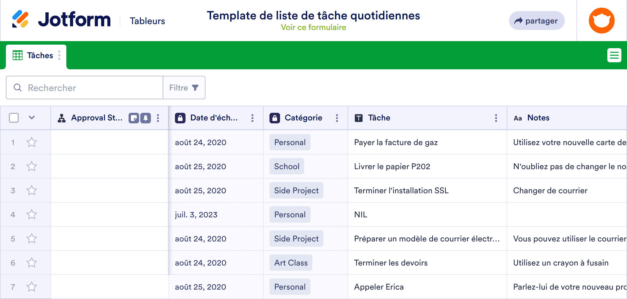 Modèle de liste de tâche quotidiennes Modèle de feuille de calcul