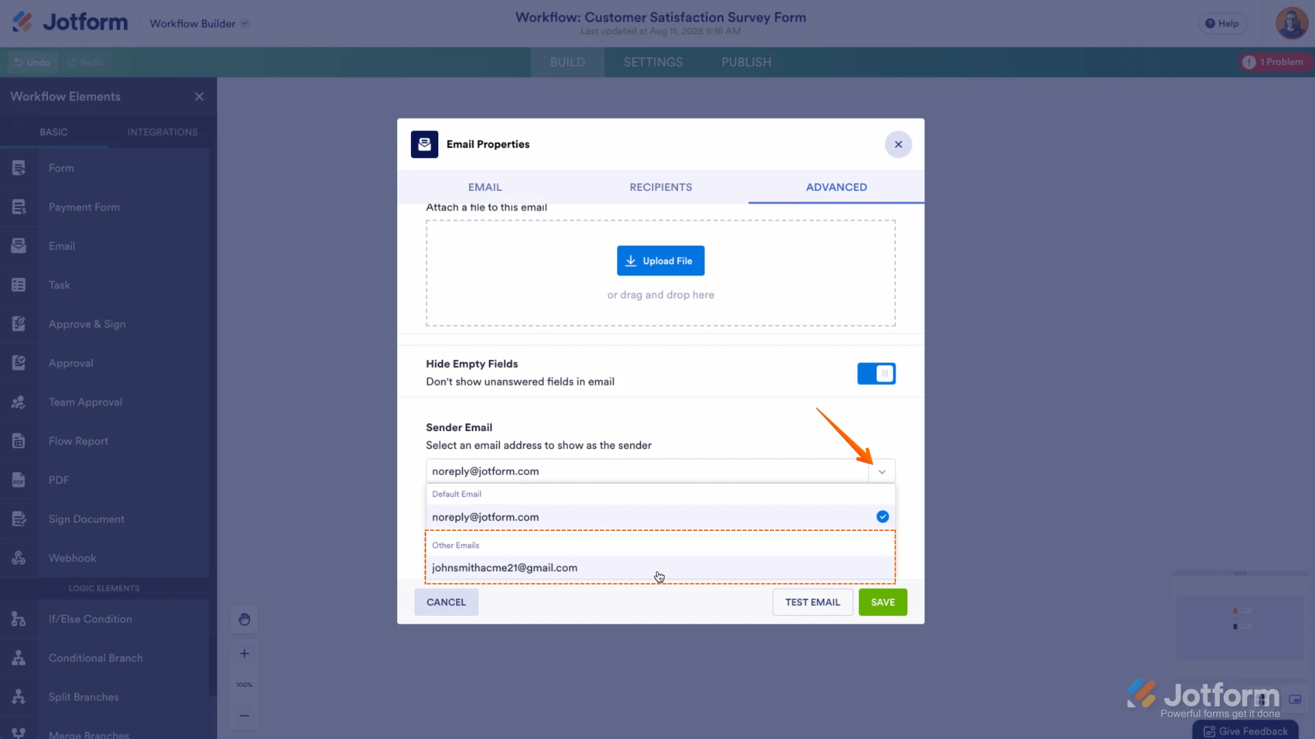 Workflow Builder SMTP selection Screenshot 54