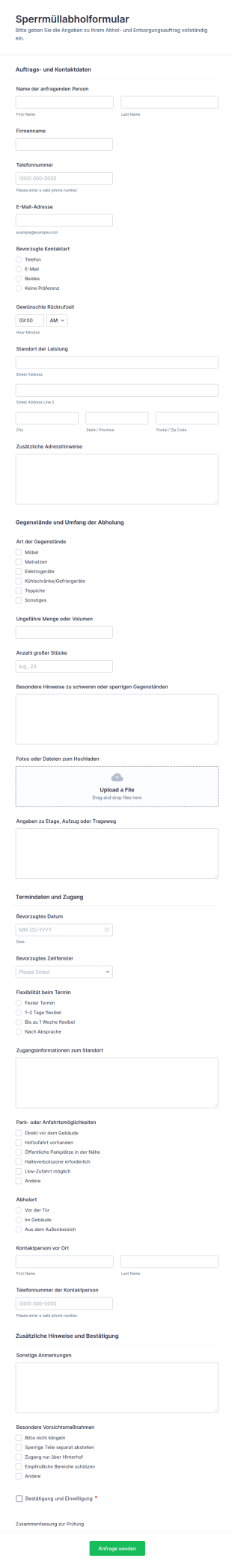 Abfallentsorgungsanfrage Formular