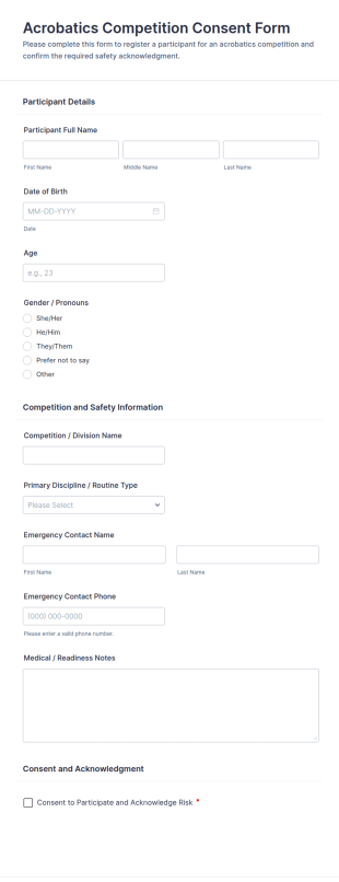 Acrobatics Competition Consent Form Template