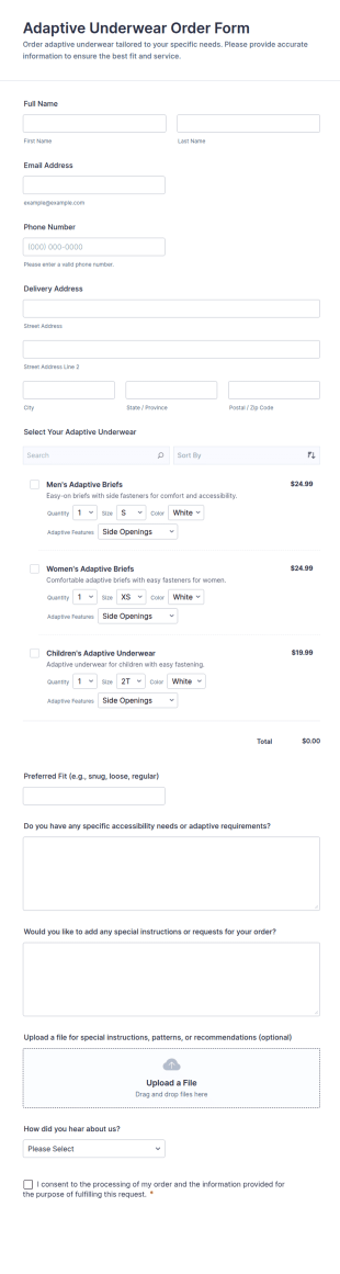 Adaptive Underwear Order Form Template