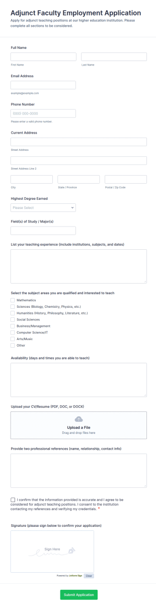 Adjunct Faculty Employment Application Form Template