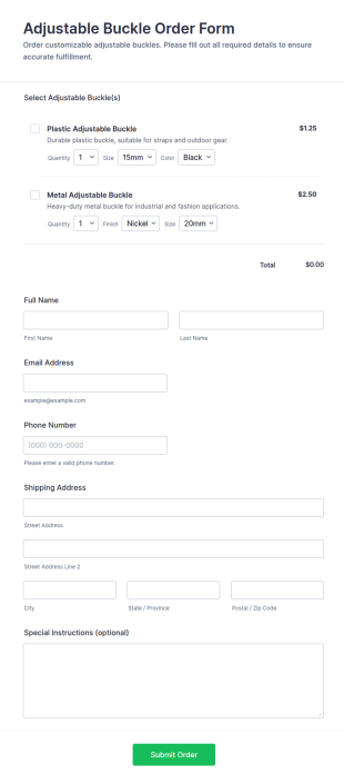 Adjustable Buckle Order Form Template
