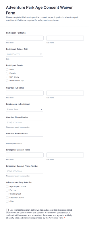 Adventure Park Age Consent Waiver Form Template