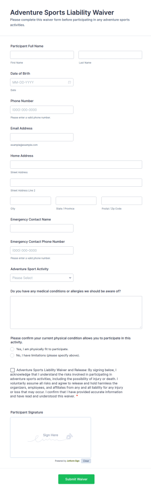 Adventure Sports Liability Waiver Form Template