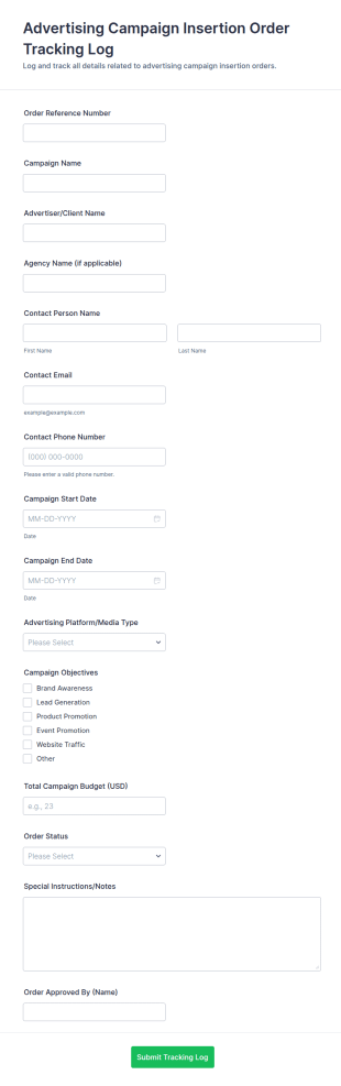 Advertising Campaign Insertion Order Tracking Log Form Template