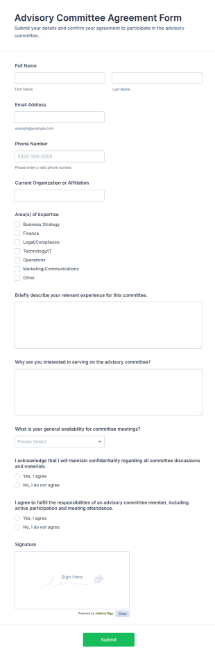 Advisory Committee Agreement Form Template