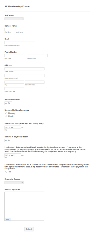AF Membership Freeze Form Template