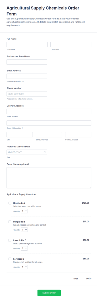 Agricultural Supply Chemicals Order Form Template