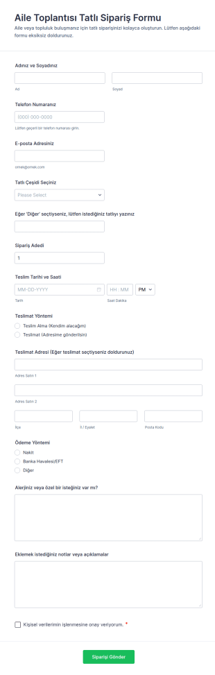 Aile Toplantısı Tatlı Sipariş Form Şablonu