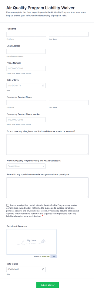 Air Quality Program Liability Waiver Form Template