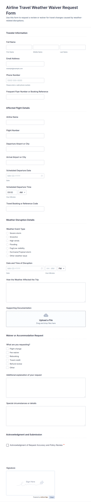Airline Travel Weather Waiver Request Form Template