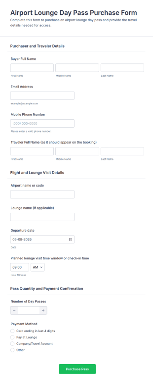 Airport Lounge Day Pass Purchase Form Template
