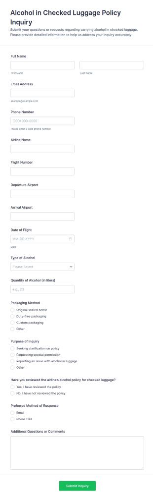 Alcohol In Checked Luggage Policy Inquiry Form Template