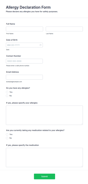 Allergy Declaration Form Template