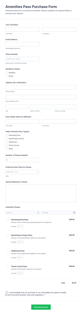 Amenities Pass Purchase Form Template