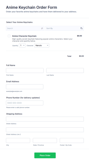 Anime Keychain Order Form Template