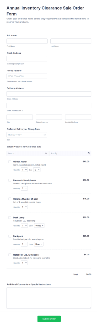 Annual Inventory Clearance Sale Order Form Template