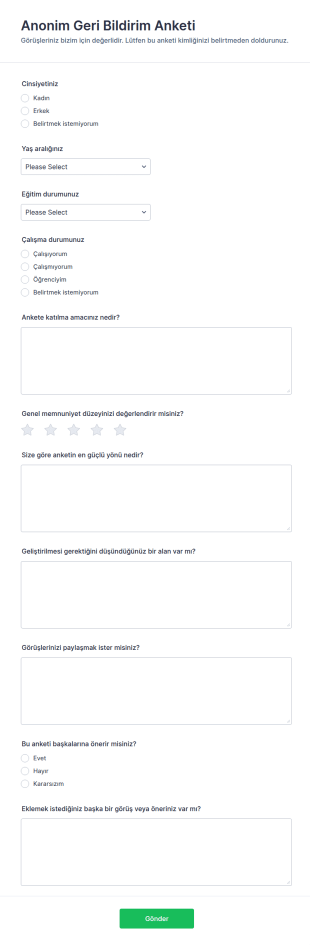 Anonim Geri Bildirim Anketi Form Şablonu