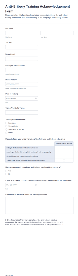 Anti Bribery Training Acknowledgement Form Template