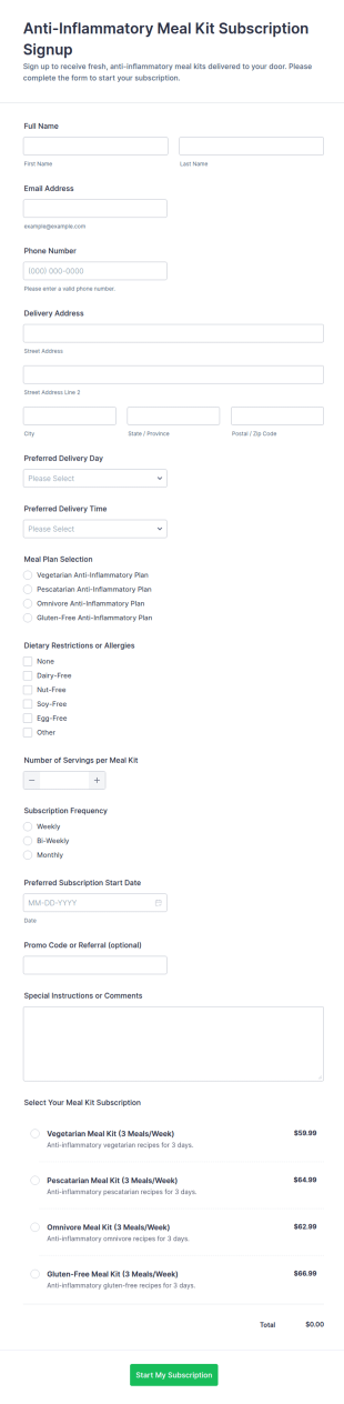 Anti Inflammatory Meal Kit Subscription Signup Form Template