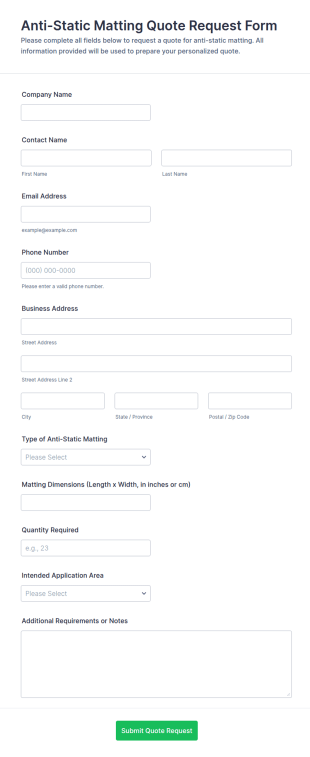 Anti Static Matting Quote Request Form Template
