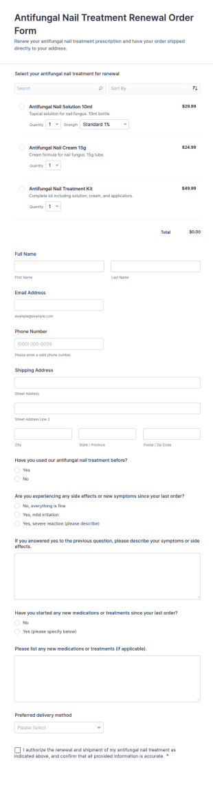 Antifungal Nail Treatment Renewal Order Form Template