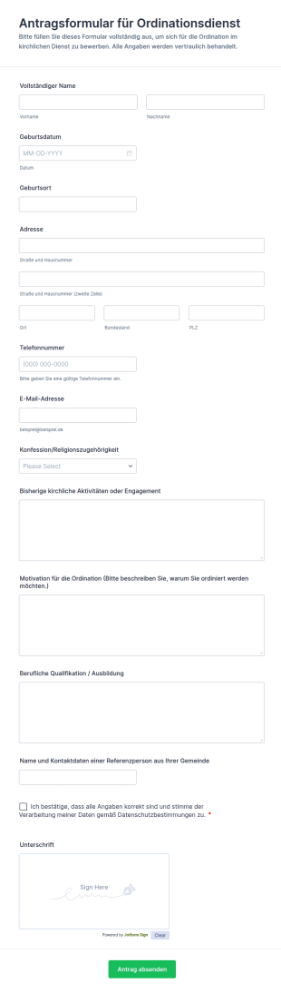 Antragsformular Für Ordinationsdienst