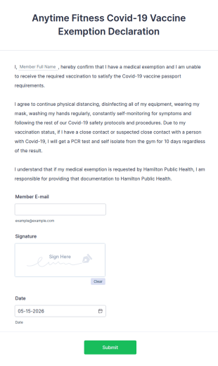 Anytime Fitness Vaccine Exemption Declaration Form Template
